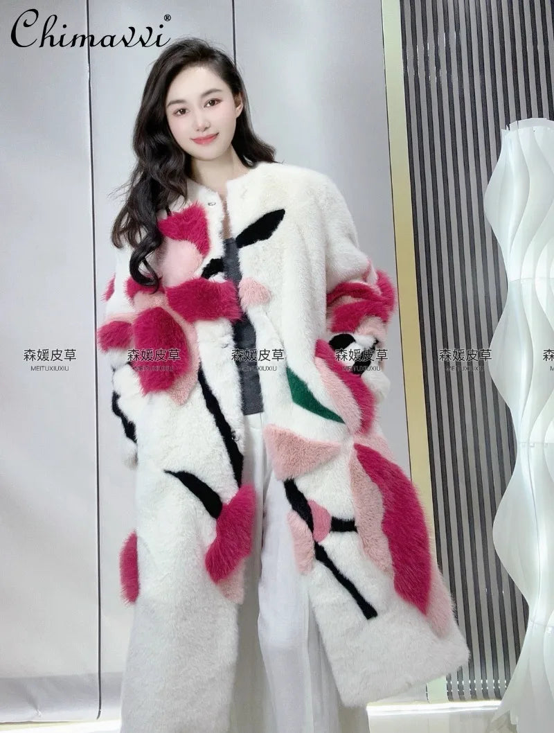 Women's Winter New Heavy Fashion Thickened Warm Light Luxury Round Neck Colorful 3D Patchwork Long Fur Elegant Women's Fur Coat
