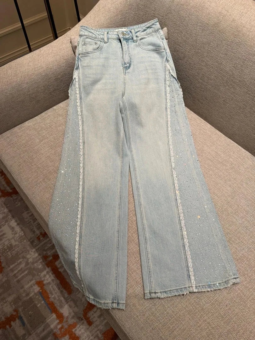 Heavy Rhinestone Embellished Washed Denim Straight Leg Jeans for Women
