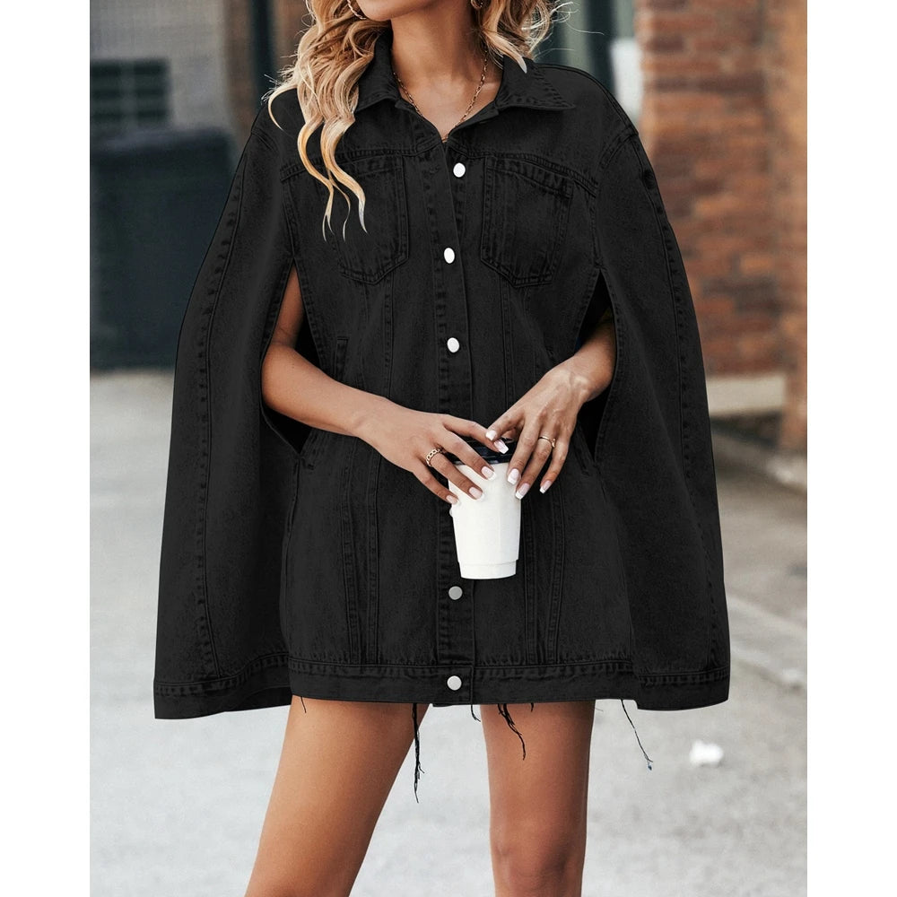 Elegant Women Buttoned Turn-down Collar Denim Coat Femme Fashion Cut Out Sleeveless Pocket Design Loose Jackets Autumn Outfits