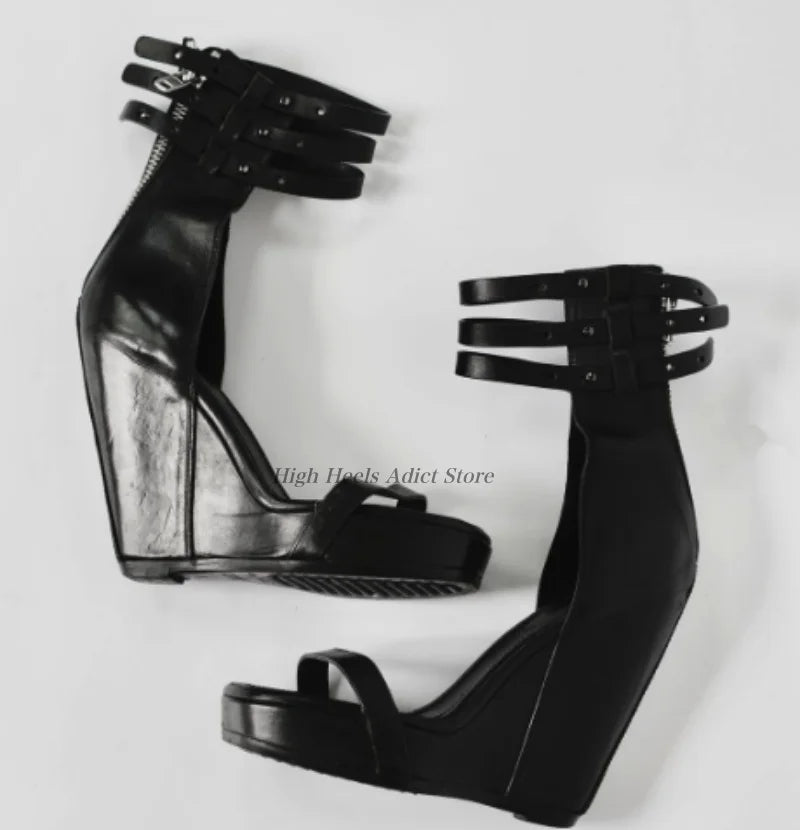 Genuine Leather Zip Up Hollow Out Wedge Sandals For Women