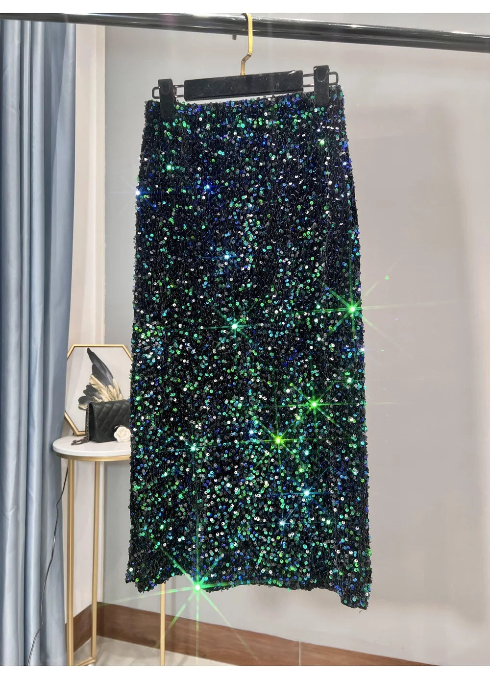 Blingbling New Autumn Winter All-match Mid-long Bodycon Skirt Colorful Sequins Elastic High Waist Slimming Lady Pencil Skirts