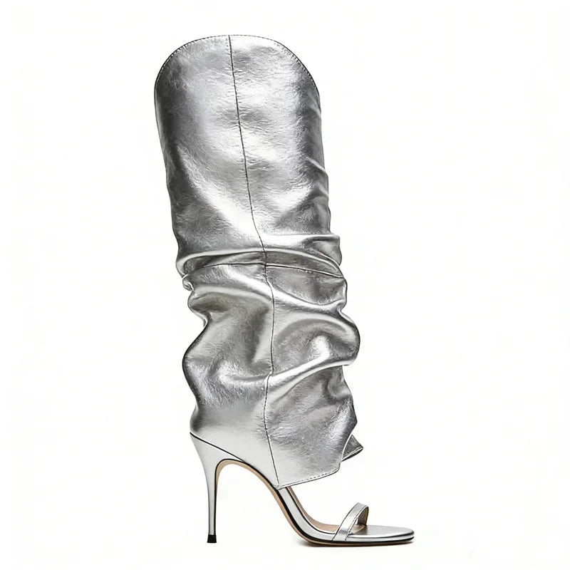 Pointed Toe Knee High Thin Heel Leather Boots for Women