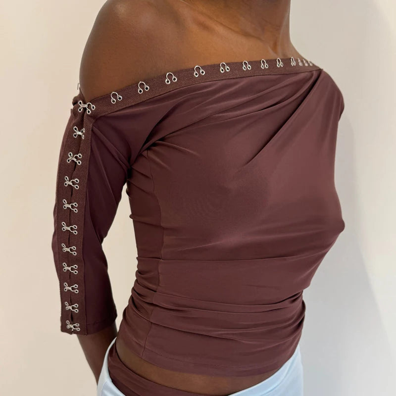 Ruched Off-Shoulder Cami Top With Hook-And-Eye Trim For Women