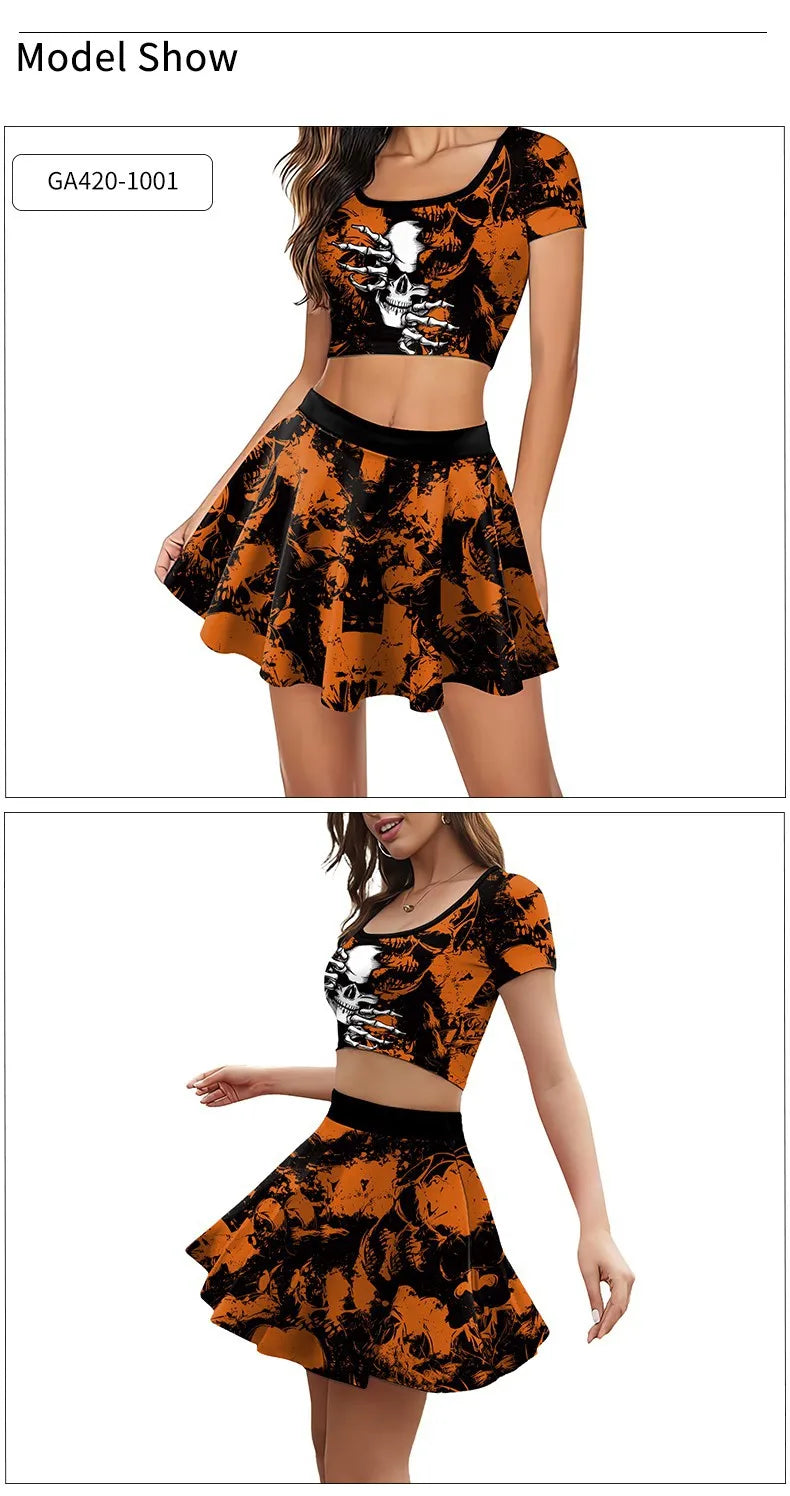 Gothic Skeleton Print Two Piece Costume Set for Women