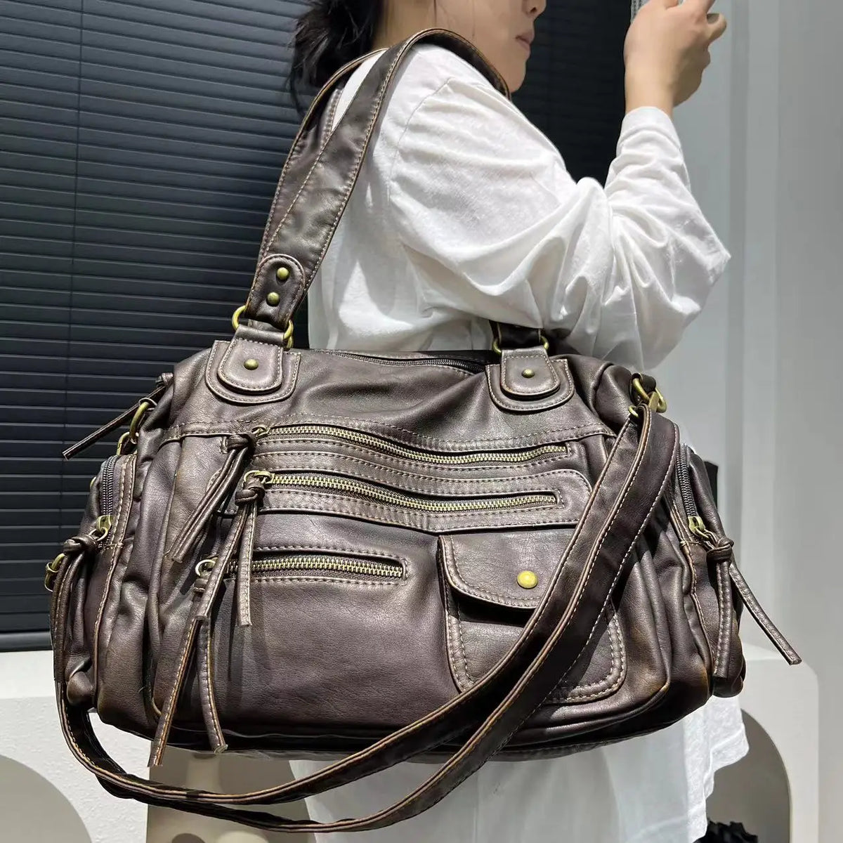 Washed Leather Look Crossbody Bag