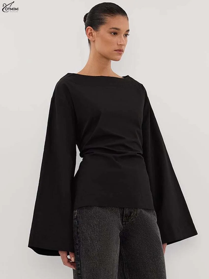Oymimi Fashion Black Cotton Women's Blouse Elegant O-Neck Long Sleeve Loose Blouses Casual New Solid Lace-Up Blouses Streetwear