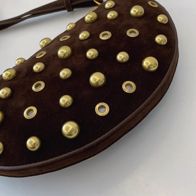 Faux Suede Rivet Half Moon Shoulder Bag for Women