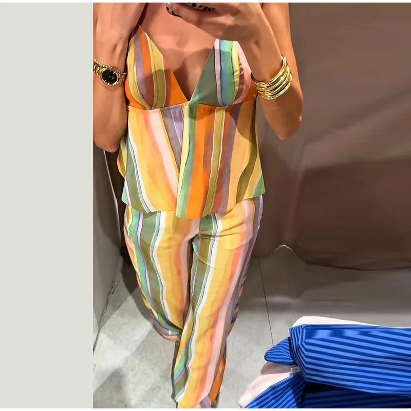 Cotton Striped High Waist Two Piece Summer Set For Women