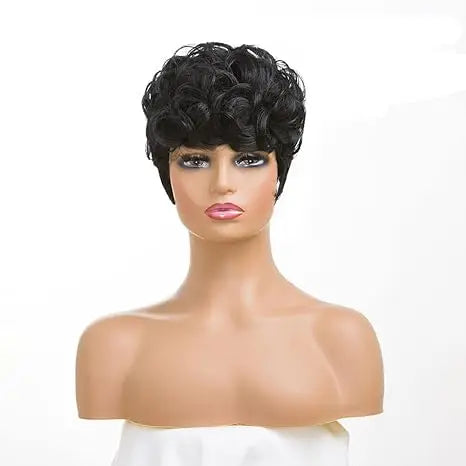 Synthetic Hair Natural Wavy Short Pixie Black Wig for Women
