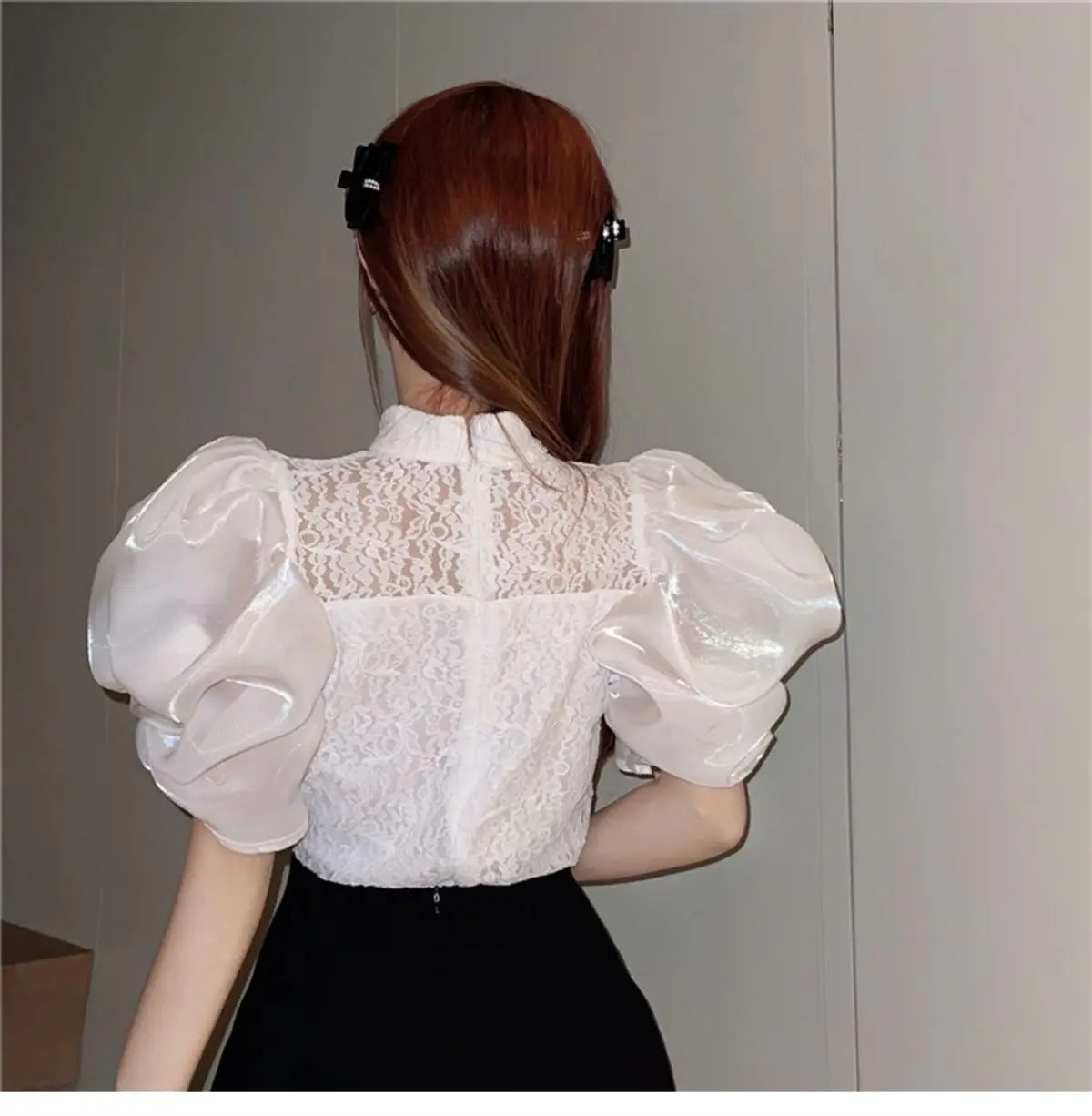 Korean V-Neck Bubble Sleeve Irregular Pleated Top for Women