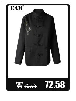 [EAM] Women Blue Pleated Hem Long Big Size Blouse New Stand Collar Long Sleeve Shirt Fashion Tide Spring Autumn 2025 1DH5707