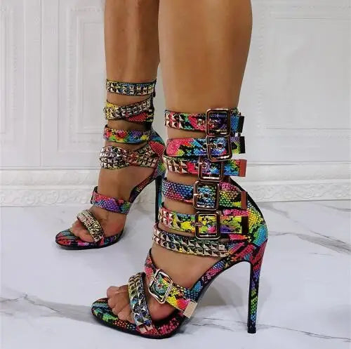 Vintage Gold Rivet Leather Strap Open Toe Sandals for Women