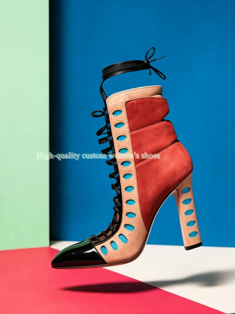 Retro Multicolor Hollow Out Chunky Heel Ankle Boots for Women