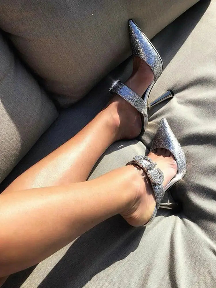 Elegant Glitter Pointed Toe Sandals With Ankle Strap For Women