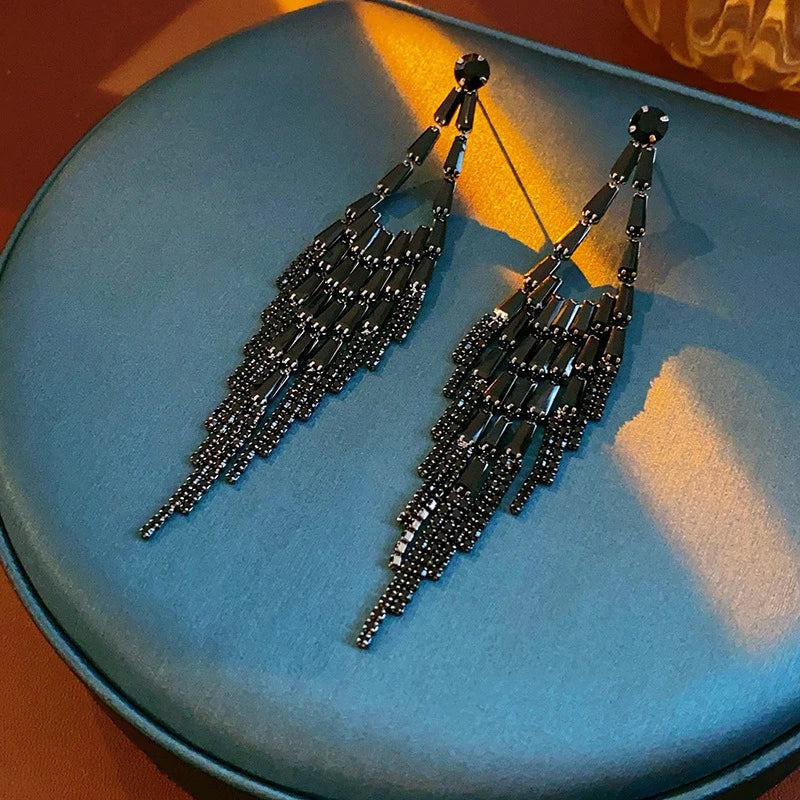 Geometric Rhinestone Fringe Earrings