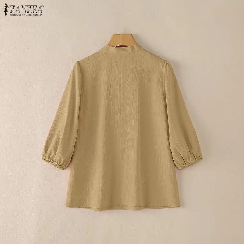 Crinkled Bow Tie Neck Puff Sleeve Blouse for Women