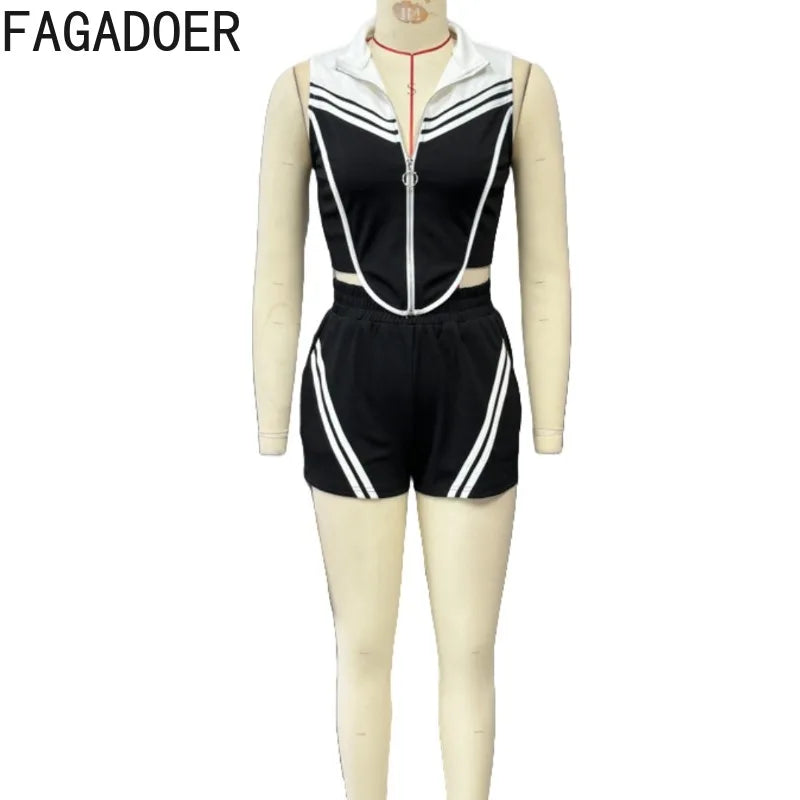 FAGADOER Casual Stripe Patchwork 2 Pieces Set for Woman Sleeveless Zipper Top and Pockets Shorts Outfits Female Sportywear New