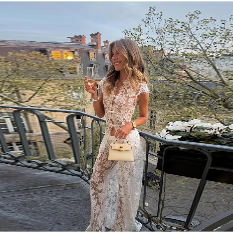 Elegant Lace Trim Two Piece Wide Leg Pant Set for Women