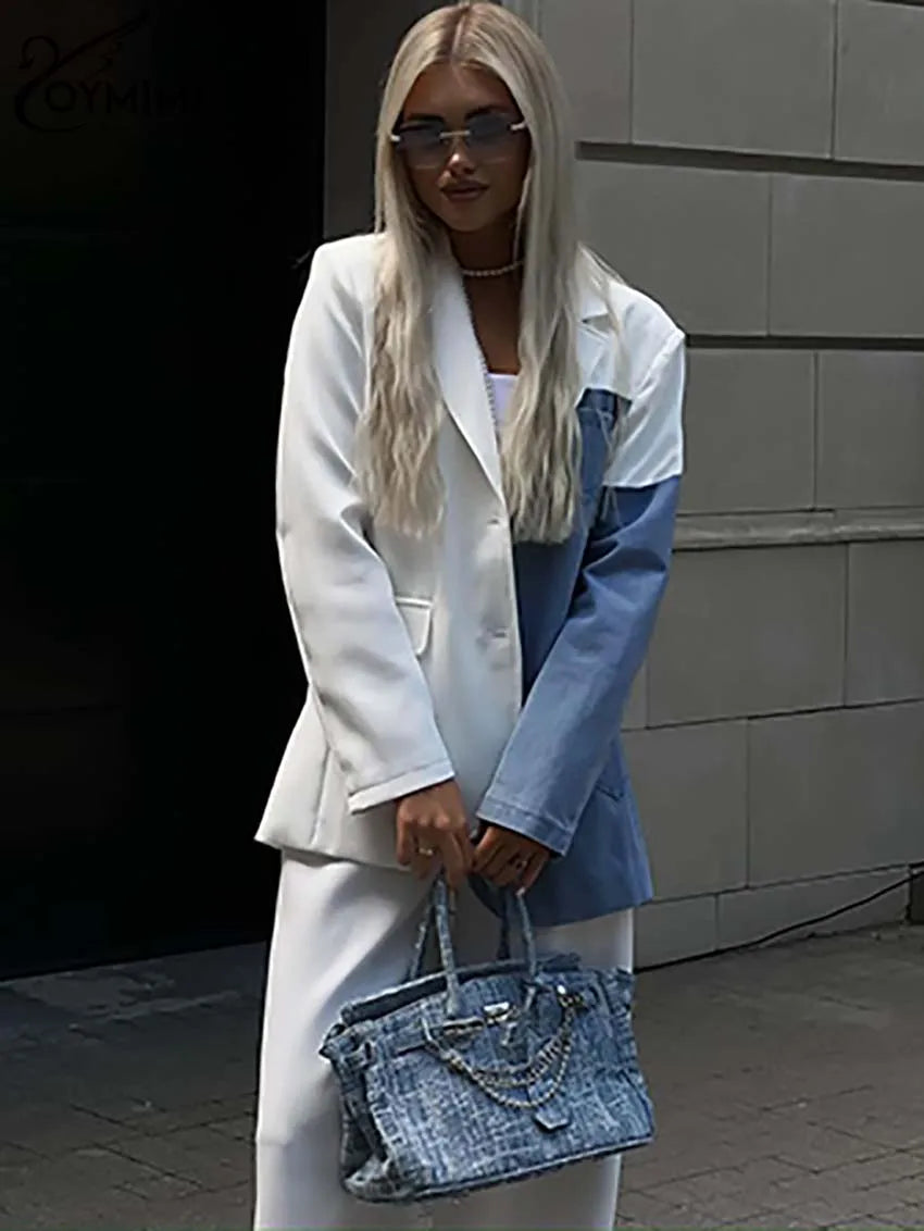 Oymimi Fashion White Denim Women 2 Piece Set Outfit Elegant Patchwork Long Sleeve Button Shirts And Simple Straight Trousers Set