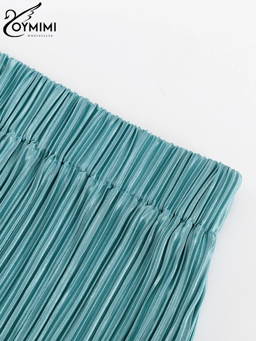 Oymimi Sexy Black Pleated 2 Piece Sets Women Outfit Fashion Loose Slit Long Sleeve Lace-Up Top With High Waist Pants Set Female