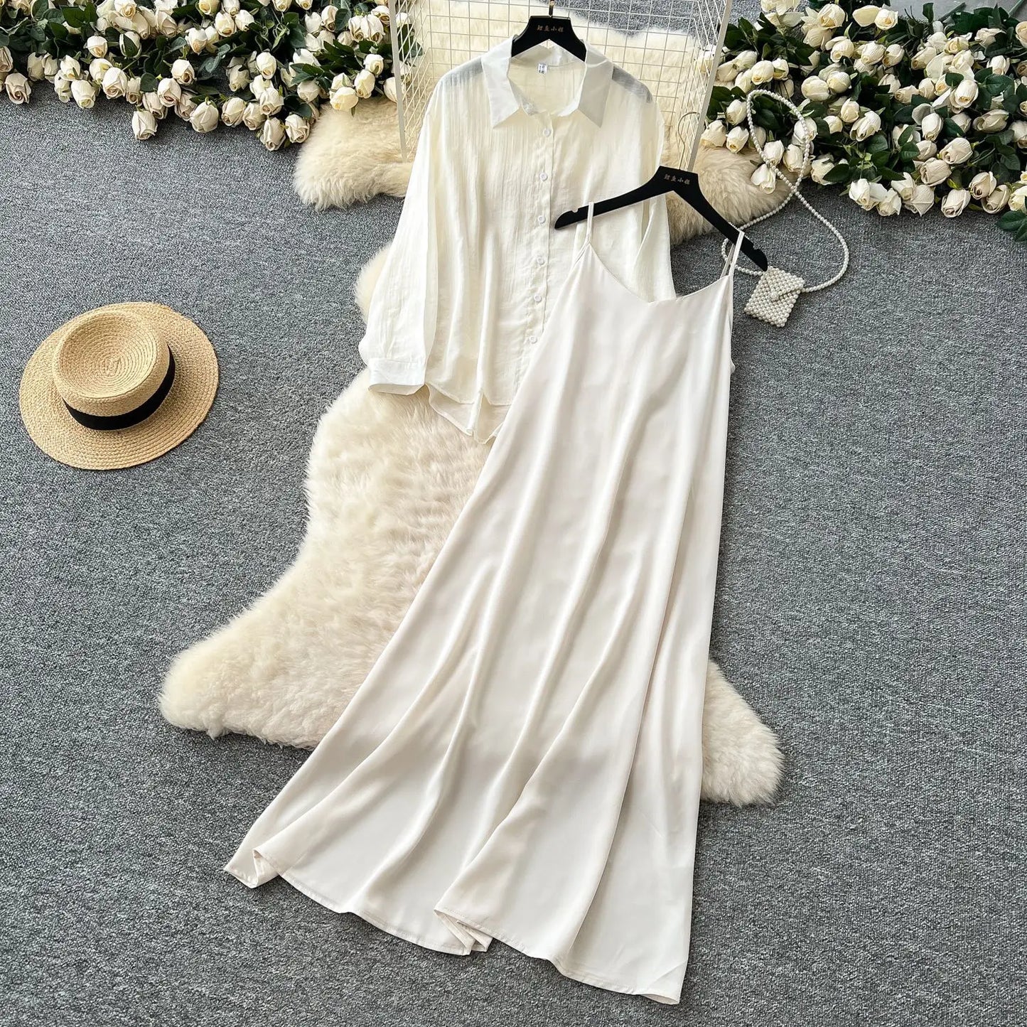 Elegant Long Sleeve Turn Down Collar Solid Color Two Piece Set for Women