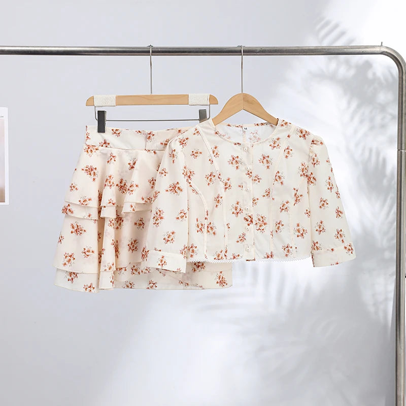 Floral Print Slim Top and Ruffle Skirt Set for Women