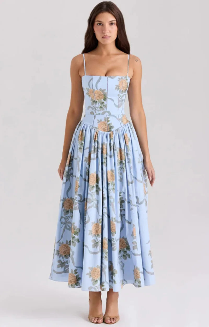 Vintage Boho Floral Print Maxi Dress with Ruffles for Women