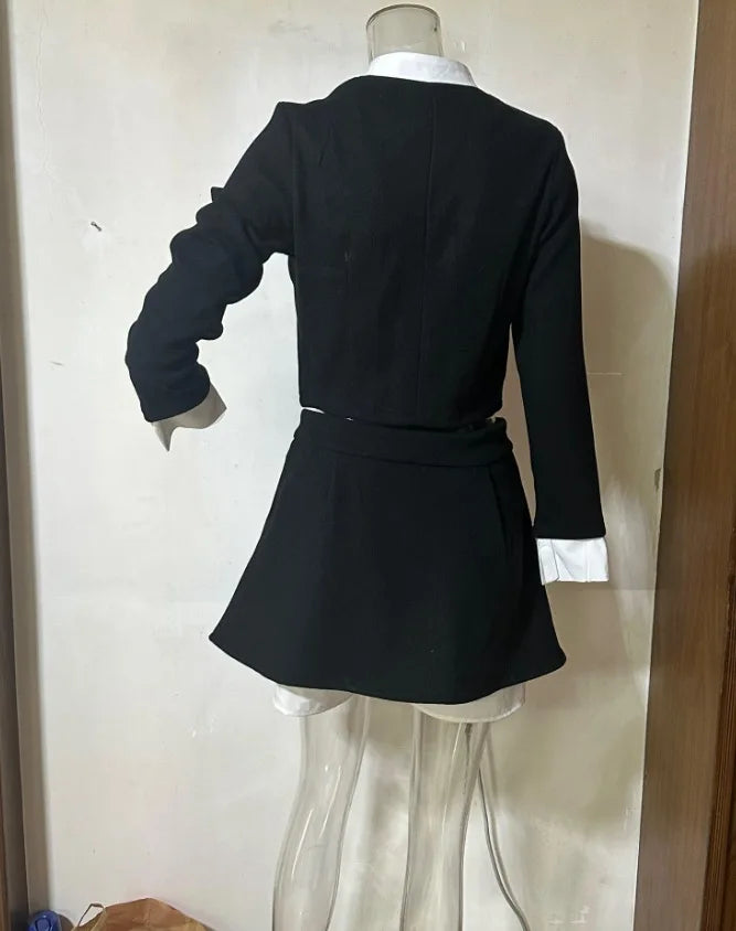 TARUXY Tweed Shorts Skirt Two Piece Set Women Elegant Long Sleeve Single Breasted Jacket Woman Shorts 2 Suits Lady Outfits 2024