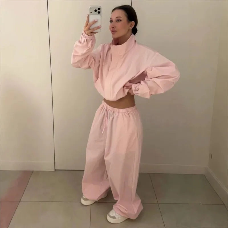 Lace Up Stand Collar Wide Leg Two Piece Set for Women