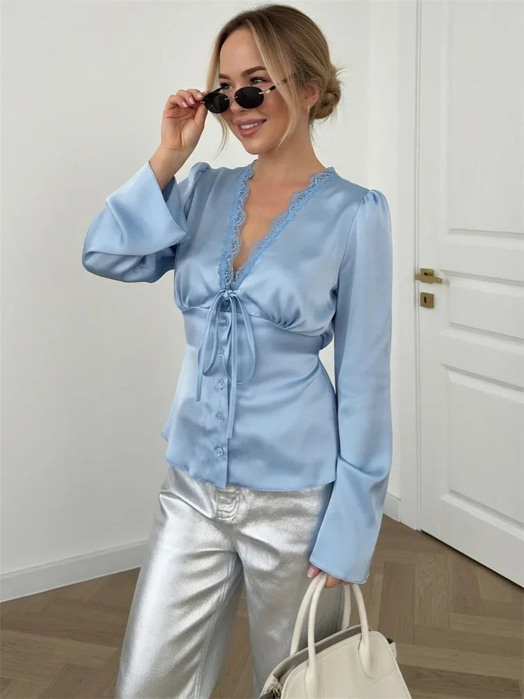 Lace-Up Satin Patchwork V-Neck Vest Top for Women**