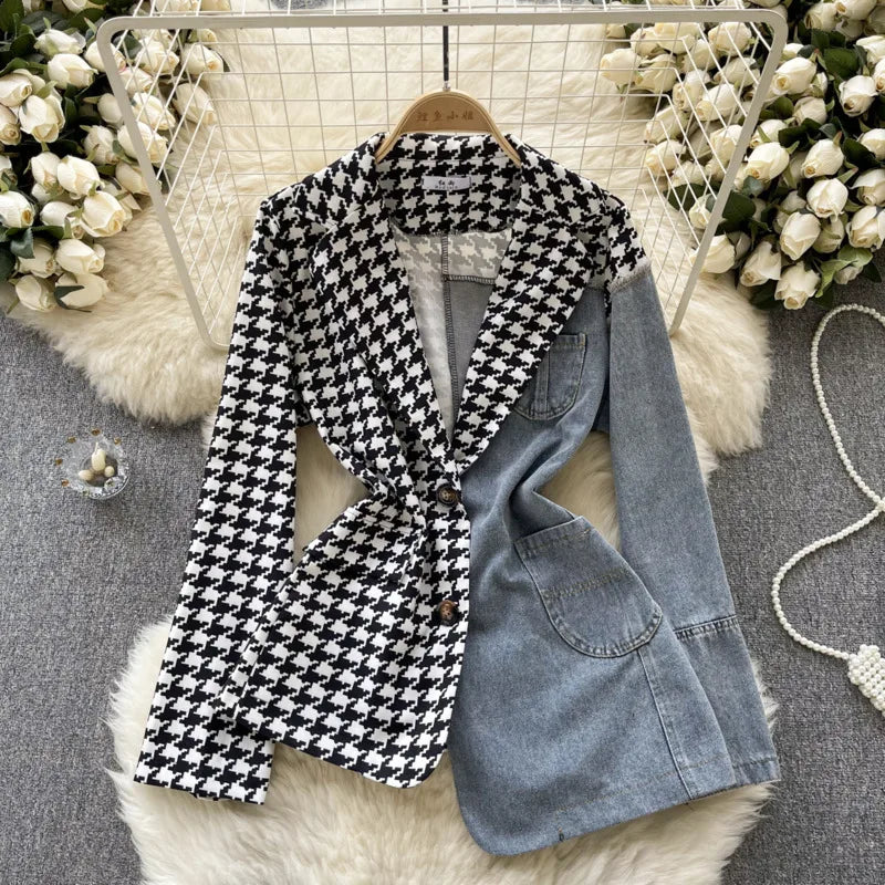 ANJY Autumn New Women Vintage Streetwear Ins Stylish Denim Patchwork Single Breasted Coat Casual Elegant Asymmetric Blazer A8421