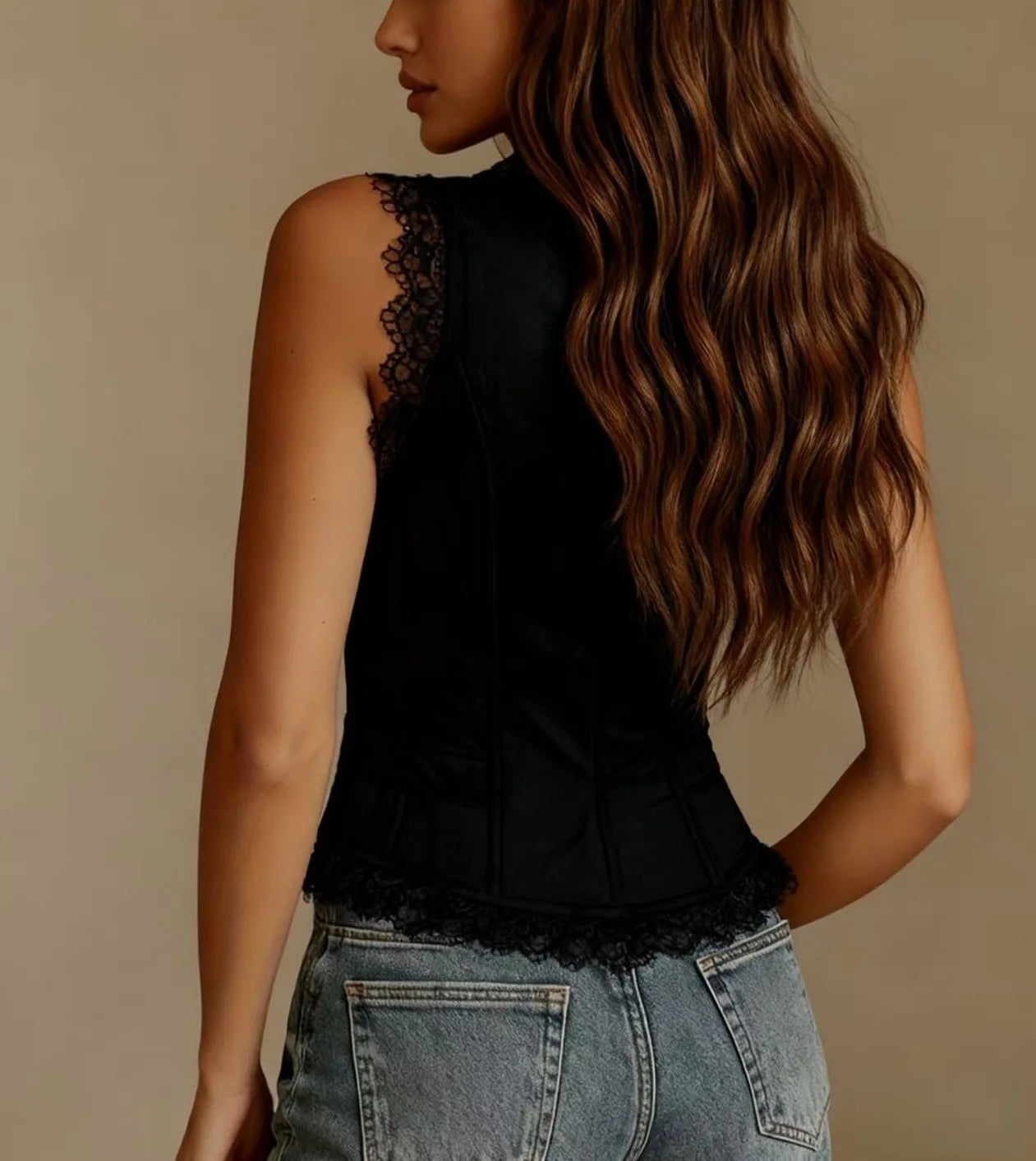 Deep V Neck Denim Backless Top With Lace Trim for Women