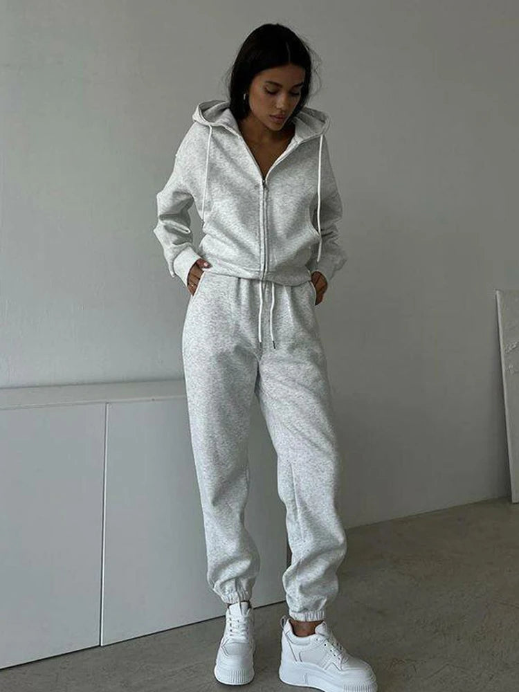FSMG Casual Hooded Zippers Sweatshirts Pants Set Long Sleeved Cardigan Lace-up Sportswear Two Pieces Set Female Tracksuit Suit