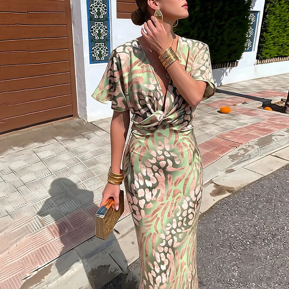 Elegant Satin Leopard Print Bodycon Maxi Dress For Women