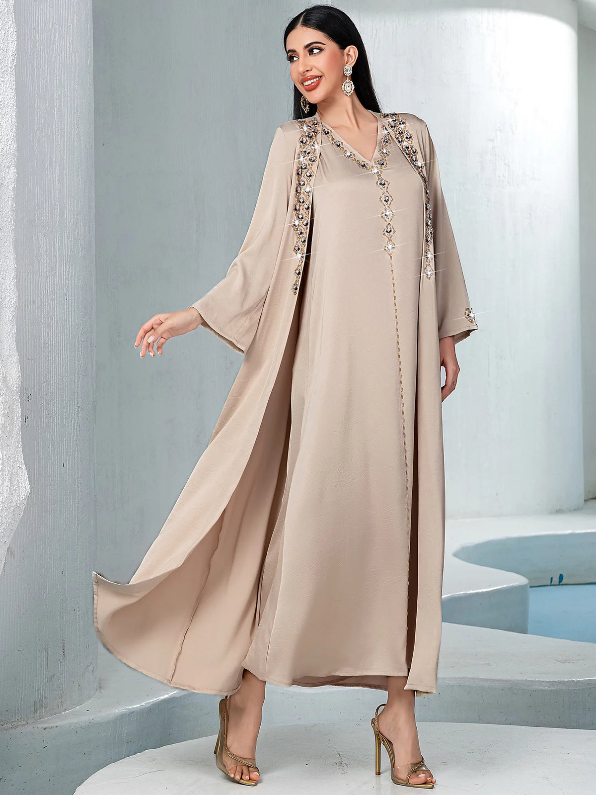 Diamond Embellished Two Piece Abaya Set for Women
