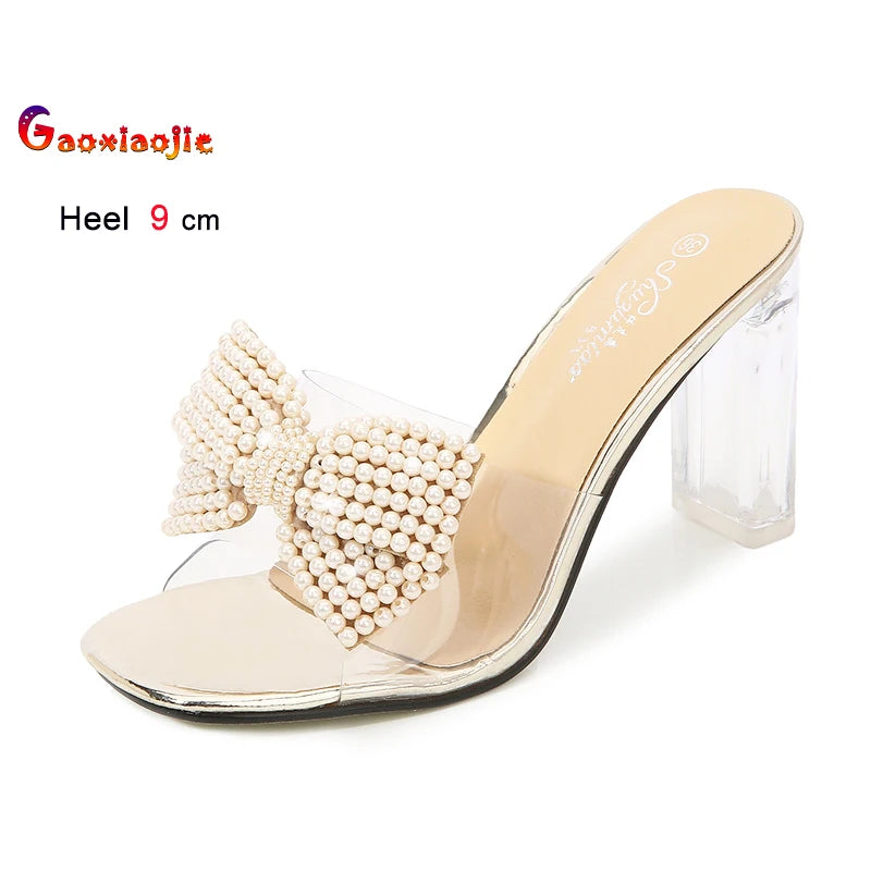 Pink Pearl Bow Design Clear Crystal High Heels for Women