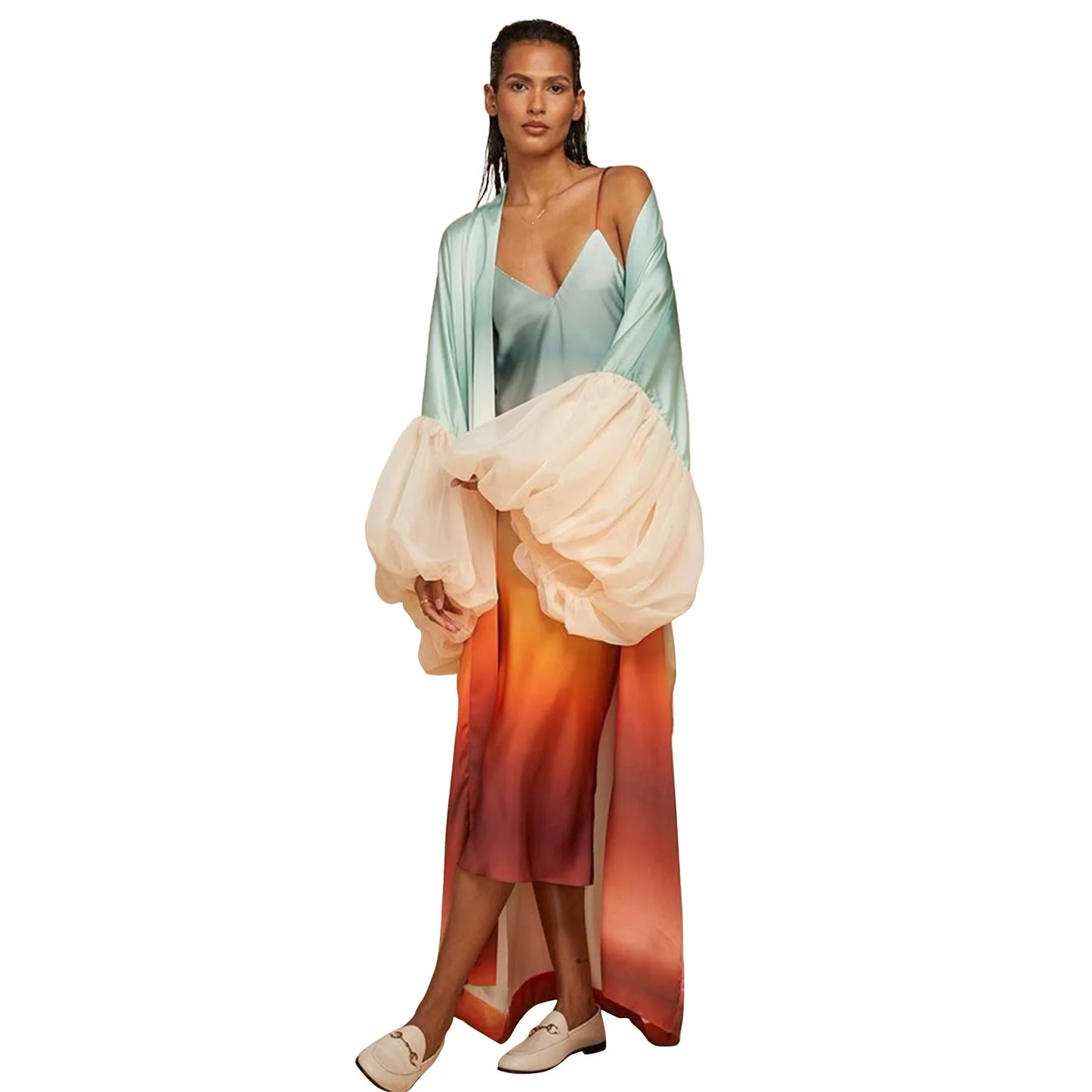 Vintage Floral Printed Chiffon Long Cardigan With Ruffle Sleeves for Women