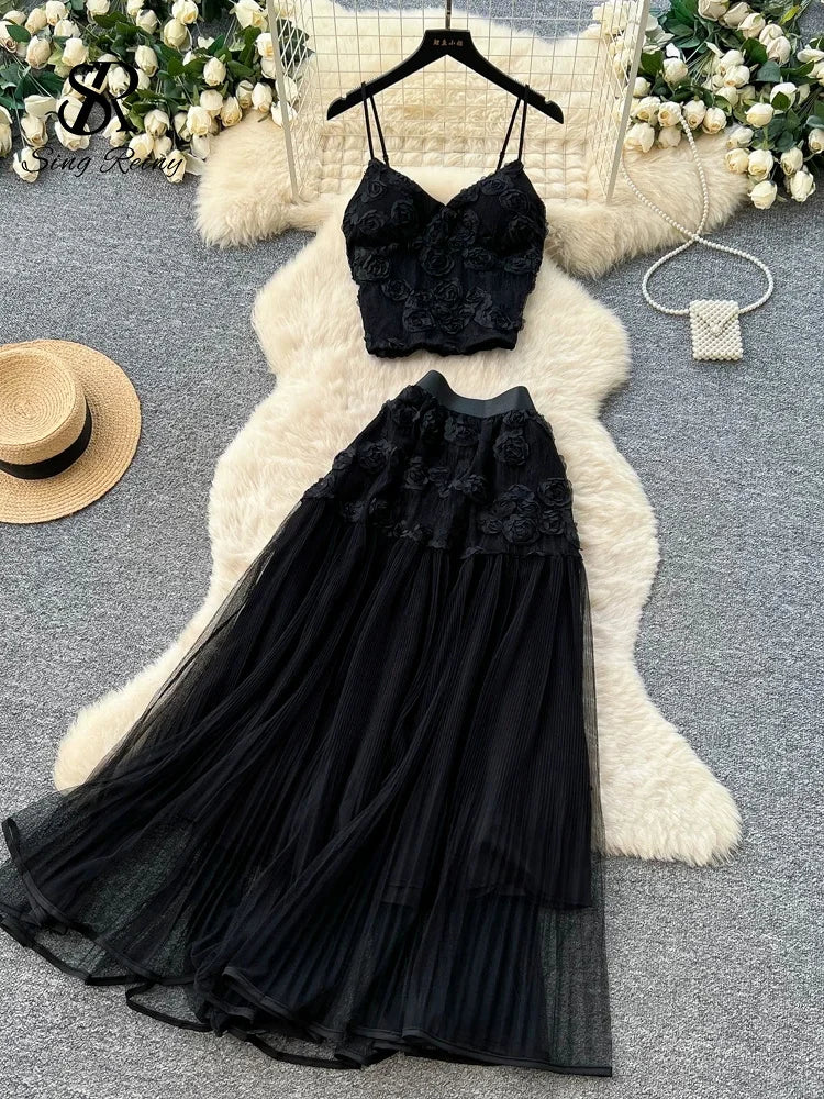 3D Floral Lace Camisole and Pleated Skirt Set for Women