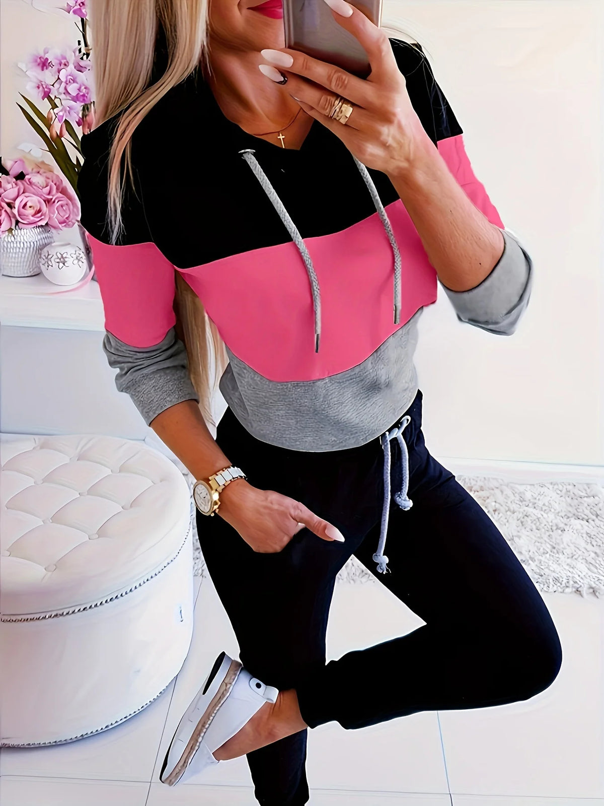 Trendy Color Block Long Sleeve Loose Fit Top for Women