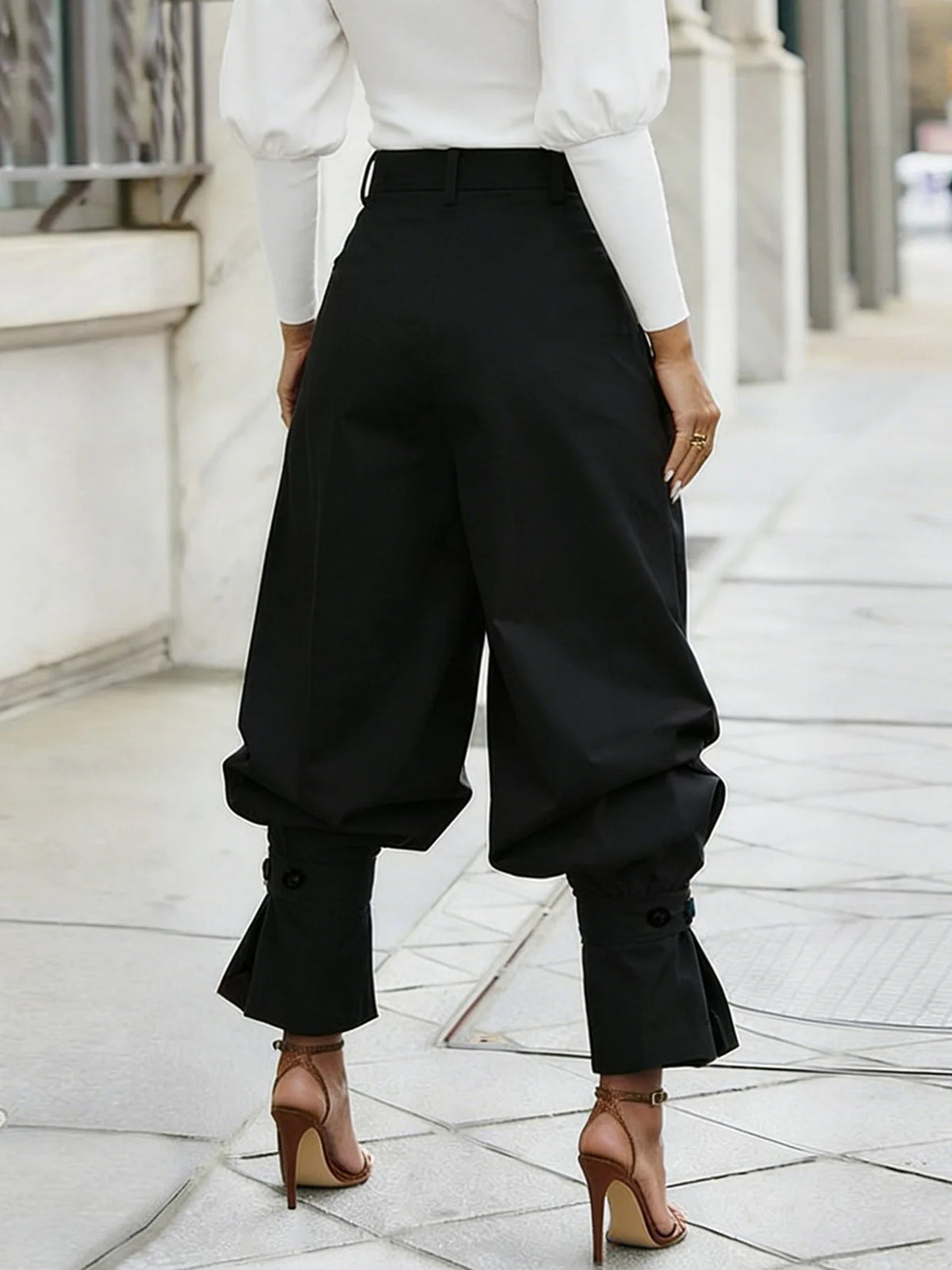 Ruched Stretch Wide Leg Casual Work Trousers for Women