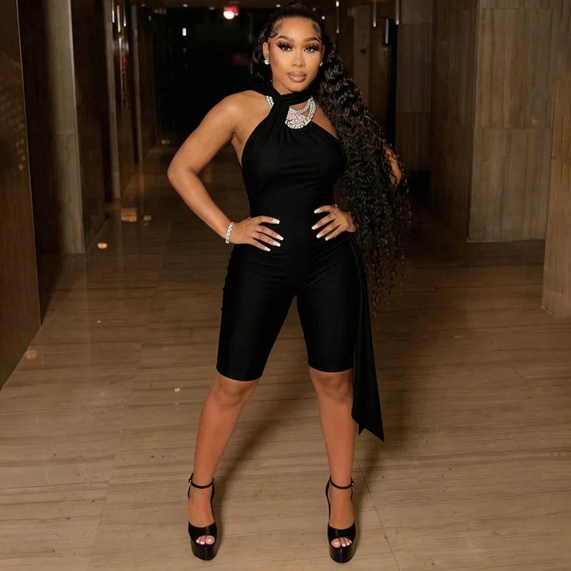 Sexy Ruched Backless Halter Bandage Jumpsuit for Women