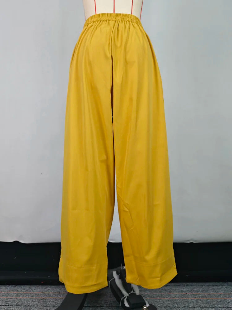 Beautyblue Elegant Women's Coats&Pants Yellow Pant Sets New Casual Buttoned Pleated Lapel Blazer Blouses Pockets Trousers Female