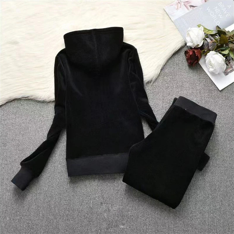 Soft Velvet Hooded Two Piece Tracksuit Set for Women