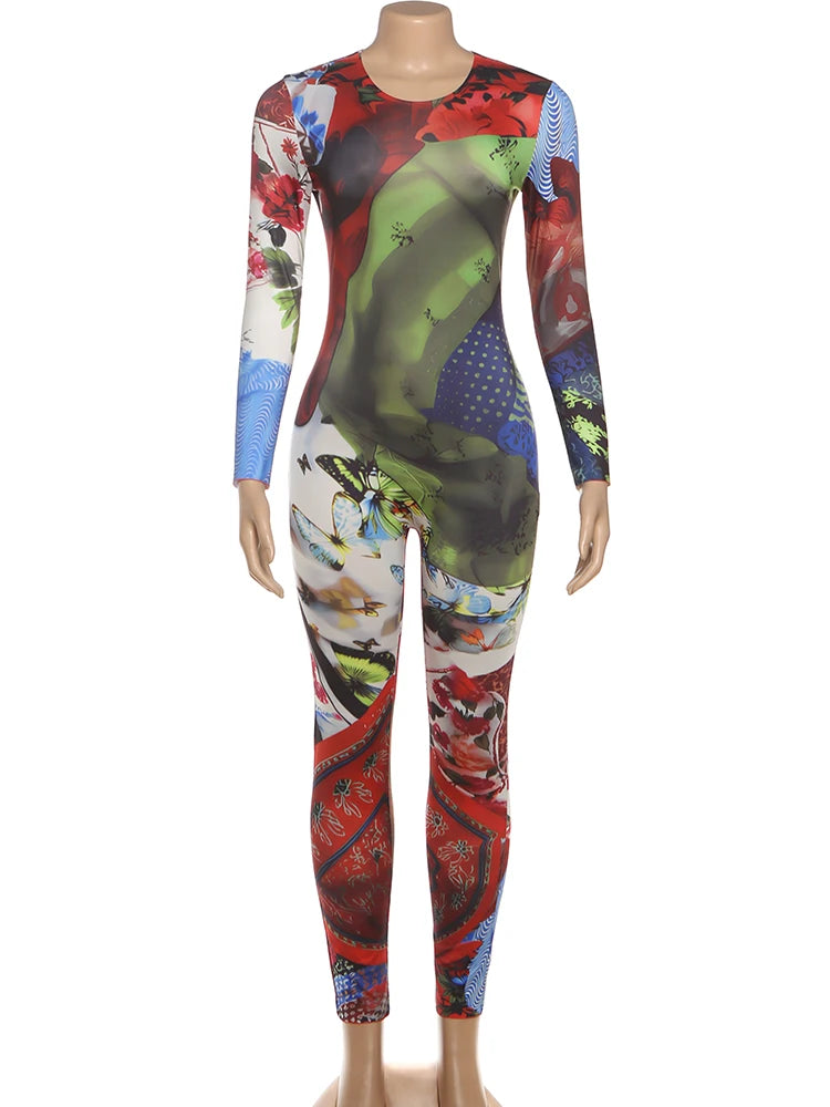 Colorful Patchwork Long Sleeve Jumpsuit Outfit for Women