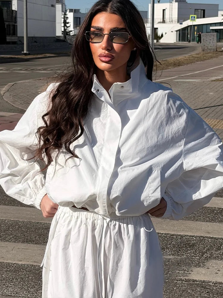 Solid Loose Suit Set with Stand Collar Crop Top and Drawstring Pants for Women