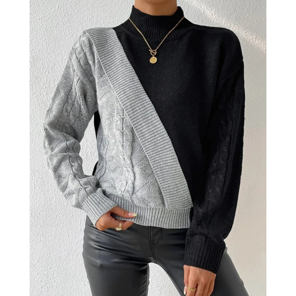 Autumn O Neck Colorblock Frill Knitted Sweater Women Fashion Long Sleeve Skinny Top Casual Outwear Korean Style