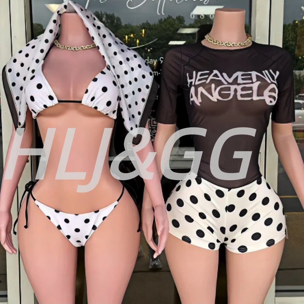Mesh Letter Print See Through Polka Dot Two Piece Set for Women