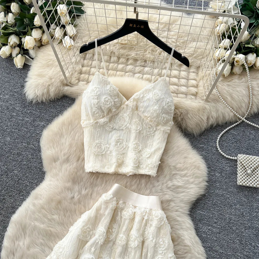 3D Floral Lace Camisole and Pleated Skirt Set for Women