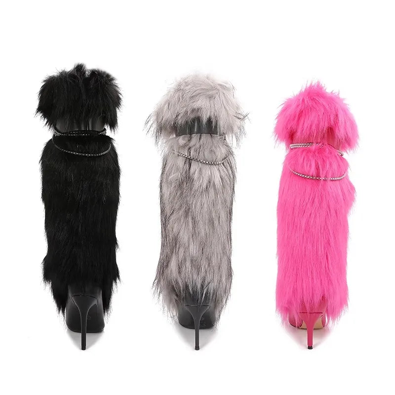 Elegant Faux Fur Knee High Stiletto Boots for Women