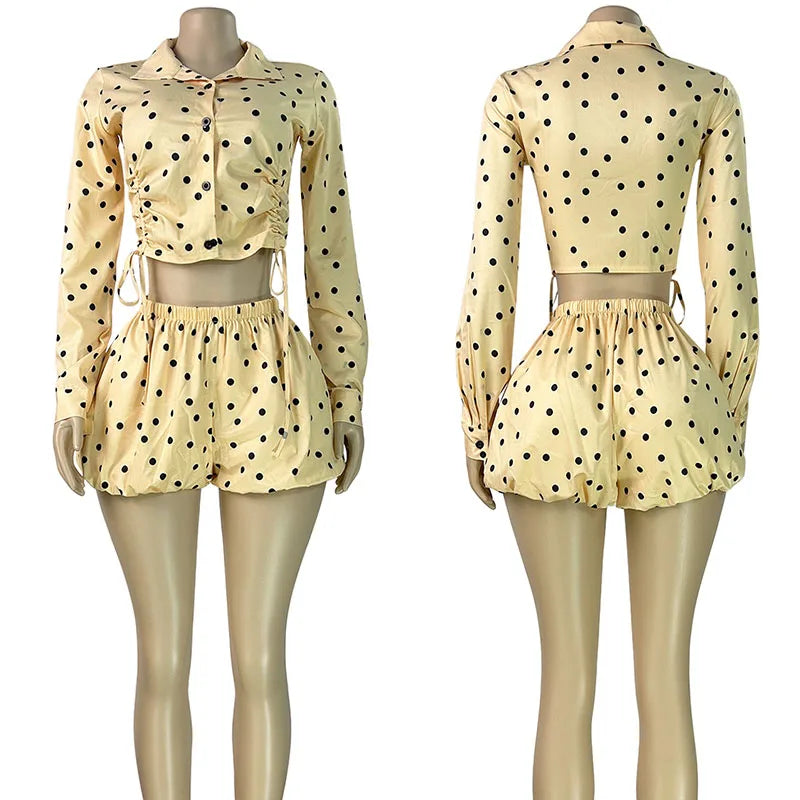 Polka Dot Ruched Turn-Down Collar Shirt and Shorts Set for Women